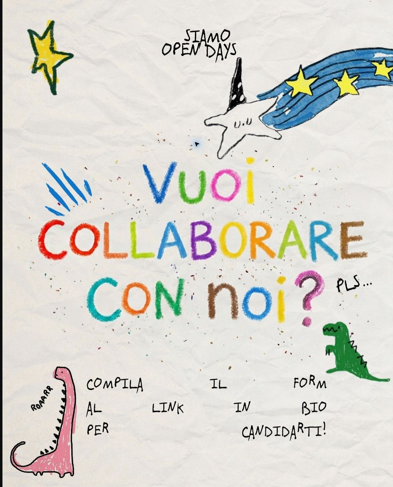 Poster illustrato SIAMO Open Days con la scritta Vuoi collaborare con noi?